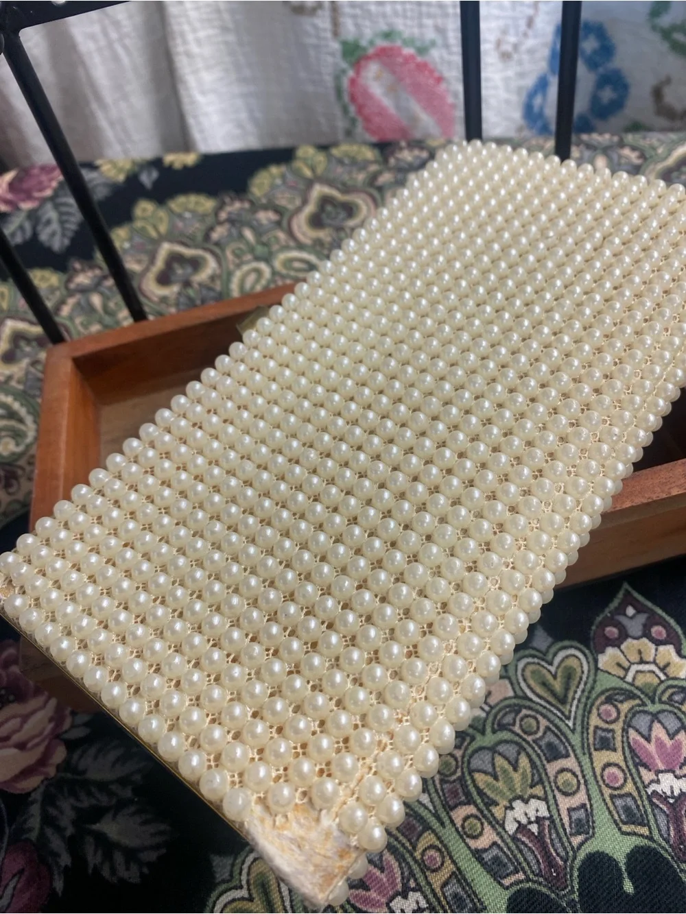 Vintage Pearl Tone Beaded Clutch with Gold Trim